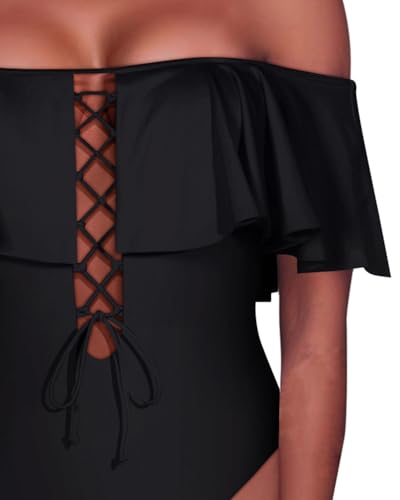 Image of Tempt Me Women Sexy One Piece Swimsuit Ruffled Off Shoulder Lace Up Bathing Suit