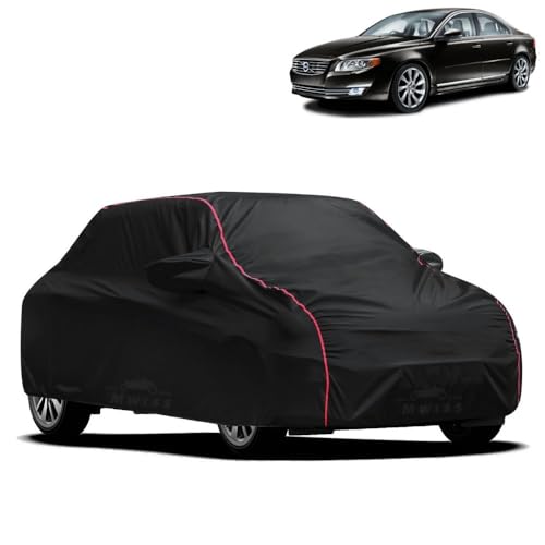 Image of Waterproof Car Cover for Volvo S80 | All-Weather Protection, Dustproof & UV Resistant | Triple Stitched Mirror Pockets, Windproof Buckle Strap with Elastic Hem, Black-Red Piping