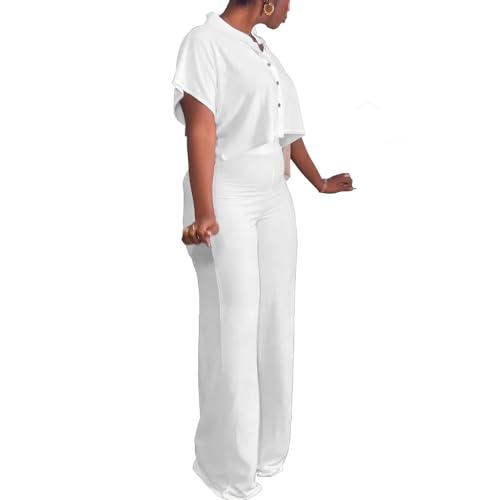 HBQ Women\'s Summer 2 Piece Outfits Casual Tracksuit Short Sleeve Button Down Crop Top Wide Leg Long Pant Lounge Sets-S-Solid