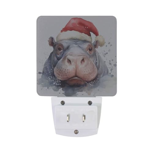 Image of Hippo Christmas Hat Night Lights 2 Pack Plug-in Wall Led Nightlight Auto Dusk-to-Dawn Sensor Lamps for Bedroom Kitchen Bathroom