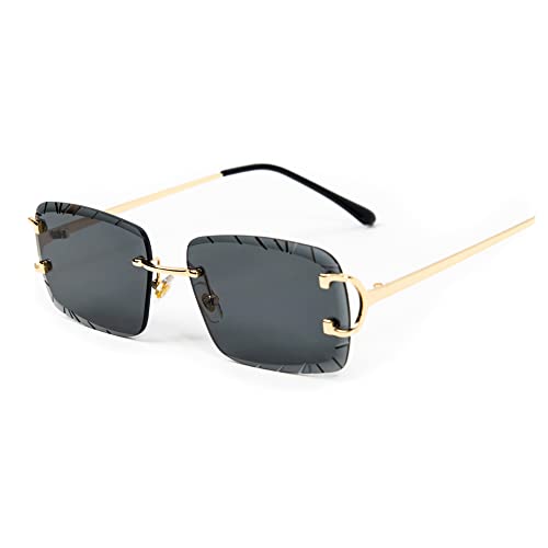Street Knitted Rimless Gem Cut Unisex Square Luxury Retro 90's Hip Hop Diamond Cut lens Dark Black Tint Lens Gold Wire Frame Sun Glasses Frameless Rectangle Summer Shades Sunglasses For Men And Women