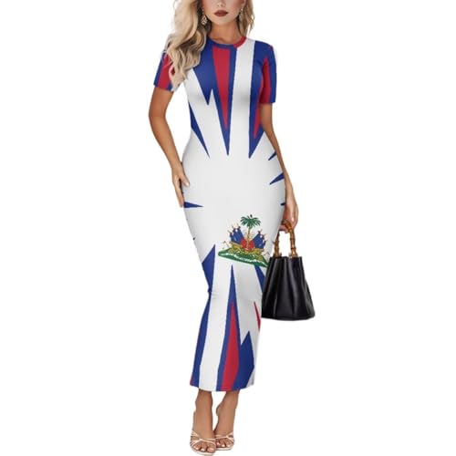 Image of Womens Short Sleeve Jamaican Flag Midi Bodycon Dress | Soft stretchy fabric,crew neck,jamaican print casual date night cocktail party, elegant chic, spring summer fall all season