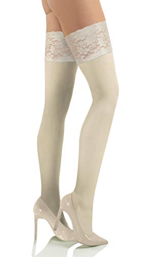 sesto senso Bas Autofixant Femme Opaque 50 Deniers Microfibre Dentelle avec Silicone Sexy 1 Paire Collant 3/4 M/L Ivoire