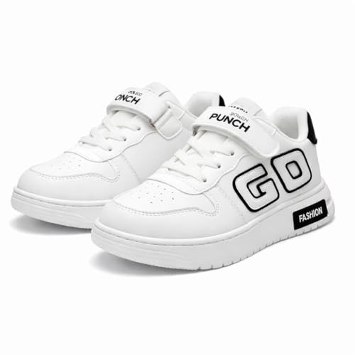Image of HOOH Kids Unisex White Sneakers with Hook and Loop Closure, Embellished Pattern, Fashion Comfort Shoes