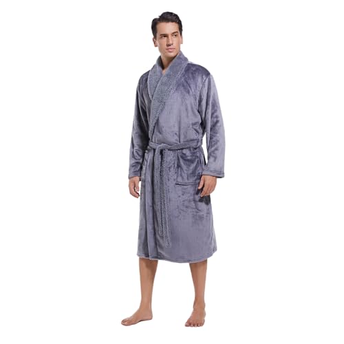 Men‘s Shawl Collar Fleece Robe,Soft Warm Long Bathrobe for men,Lightweight Spa Male Robe2