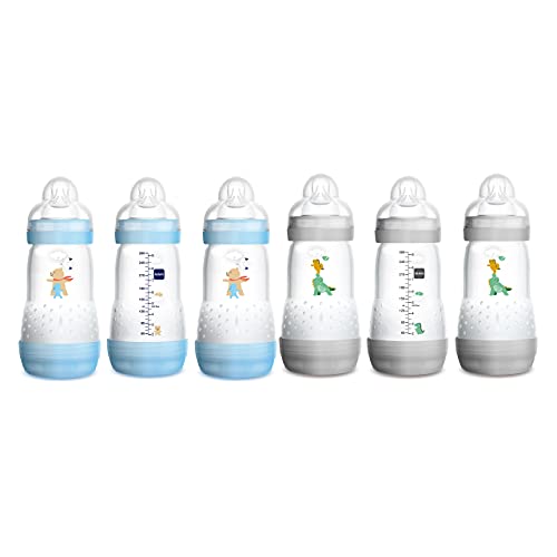 Image of MAM Easy Start Anti-Colic Medium Flow Bottles 9 oz (6-Count), Gray and Blue