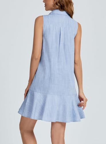 Image of Women Sleeveless Mini Dress Button Down Shirt Dress V Neck Reffle Hem Cotton Linen Tunic Short Dress
