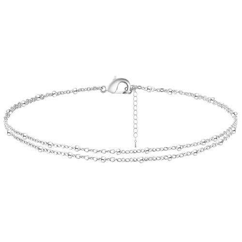 Image of Rotnso Anklets for Women 14K Gold Silver Plated Ankle Bracelets Trendy Waterproof Boho Anklets Set Adjustable Dainty Cute Diamond Beaded Heart Non Tarnish Summer Beach Jewelry Gift