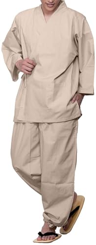 [KYOETSU] [キョウエツ] 作務衣 さむえ 男性用 メンズ 夏 冬 大きいサイズ さむい男性用 通年 作務 衣 (M, 米)