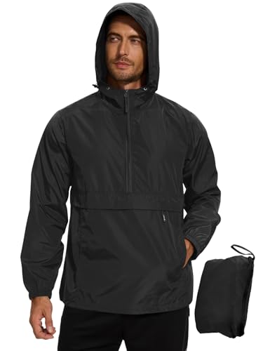 Avoogue Light Rain Jacket Men Waterproof Pullover Rain Coats For Men Waterproof Jackets Hiking Gear Running Work Jacket Black Xl