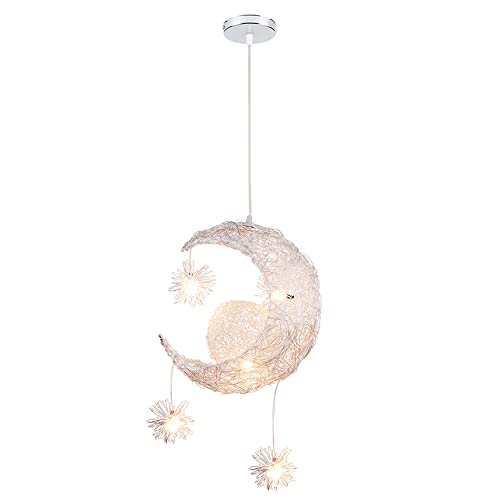 Suspension Luminaire Lune Étoiles LED Plafonnier Luminaire Aluminium avec 5 Ampoules pour Enfants Chambre (40cm)