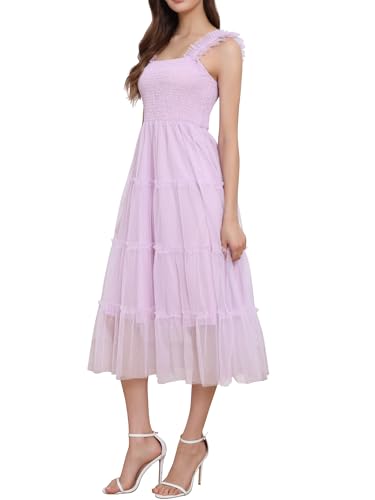 Image of Allegra K Women's Summer Midi Tulle Dress Sleeveless Smocked Square Neck Tiered Ruffled Wedding Guest Dress
