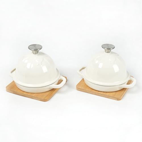 HAWOK Enameled Cast Iron Garlic Roaster with Bamboo Tray, 5-Inch, BBQ Grill Garlic Baker, Mini Cocotte, Set of 2, Oyster White