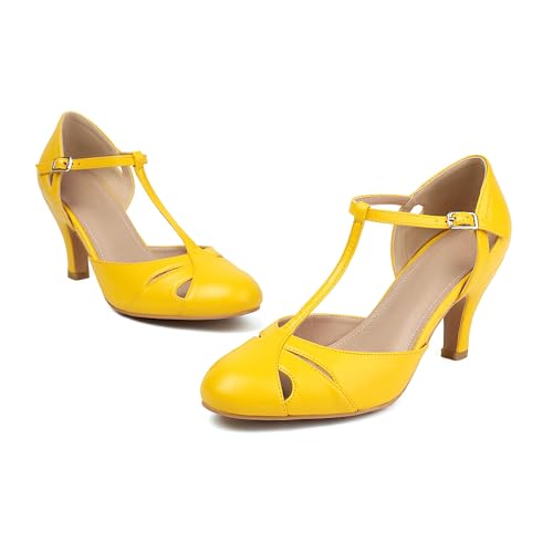 Elerhythm Women's Mary Jane Vintage T Strap Closed Round Toe Heels Retro 1950s Pumps 1920s Victorian Shoes2