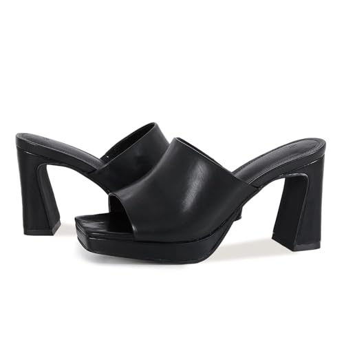 Image of Womens Platform Chunky Heels Mules Square Open Toe High Heeled Sandals Slip On Slides Dress Shoes
