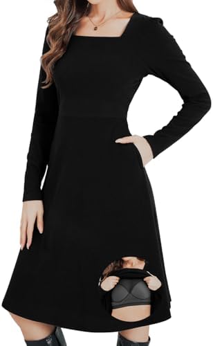 ANYFITTING Built in Bra Long Sleeve Midi Dress for Women 2025 Fall Fashion A-Line Fit Casual Winter Dress with Pockets
