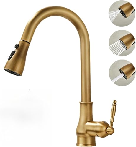 Zdaqian キッチン水栓 蛇口 水道 混合水栓 キッチン 引き出し式スプレー付き シングルレバー 360°回転 真鍮製 ロング 単水栓 グースネック レトロ ホース式 混合栓 2つモード切り替え 伸縮 節水 泡沫水流蛇口 洗面台 洗面所 キッチンシンク
