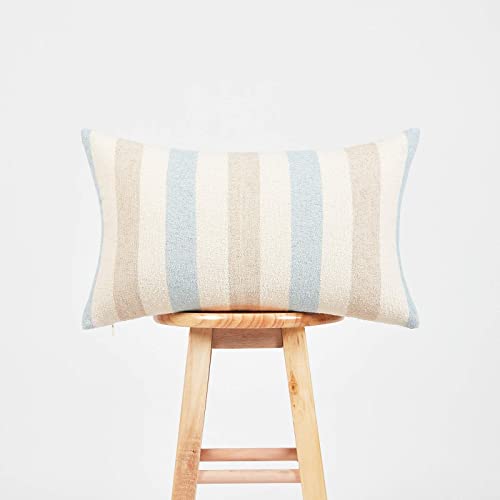 Hofdeco Beach Coastal Decorative Lumbar Pillow Cover Only For Couch, Sofa, Or Bed, Light Blue Tan Taupe Woven Stripe, 12"X20" #TOP2