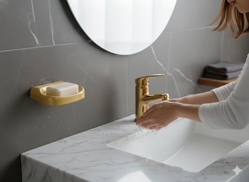Image of CIPLA PLAST Self Adhasive Wall Mounted Soap Dish Holder, Golden Coloue, Plastic, Drainage Design, Adhesive Mount, Bathroom Organizer, Pack of 2