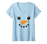Women's Christmas Snowman Face Eyelashes Cute Xmas Girls Kids Women V-Neck T-Shirt