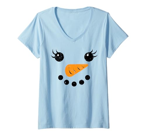 Women's Christmas Snowman Face Eyelashes Cute Xmas Girls Kids Women V-Neck T-Shirt
