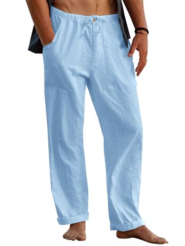 Gafeng Men’s Linen Yoga Beach Pants with Pockets, Blue