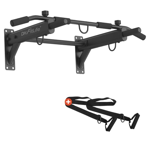 DH FitLife Barra de Dominadas Pared 4 en 1 con Tacos de Expansión | Pull Up Bar Multifuncional para Casa | Hasta 200 kg | 6 Asas Antideslizantes | 3 Ojales para Saco de Boxeo y Cintas de Suspensión