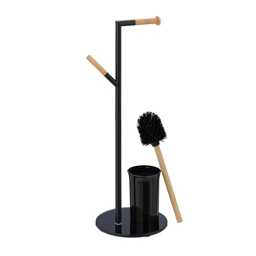 Image of Relaxdays WC Set, HxWxD: 64 x 27 x 22 cm, Free-Standing Roll & Brush Holder, Replacement Heads, Stainless Steel, Black
