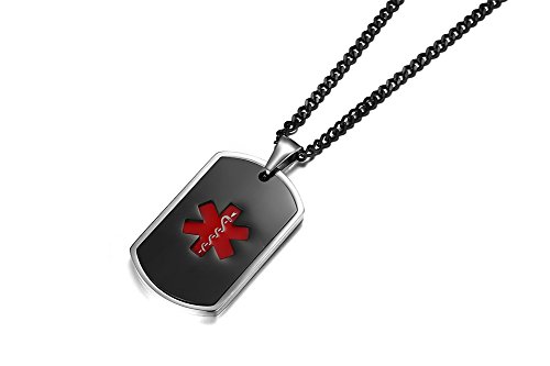 Mealguet Jewelry Free Engraving Stainless Steel Two-Tone Black Red Medical Symbol Alert Id Dog-Tag Pendant Necklace,24" #TOP2