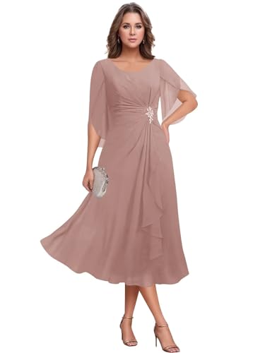 Women's Tea Length Mother of The Bride Dresses Chiffon Ruffles Short Sleeve Formal Dress for Wedding Guest2