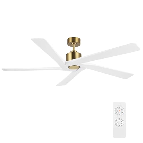 WINGBO 54 Inch DC Ceiling Fan without Lights, 5 Reversible Carved Solid Wood Blades, 6-Speed Noiseless DC Motor, Ceiling Fan No Light with Remote, Brass Finish with White Blades, ETL Listed