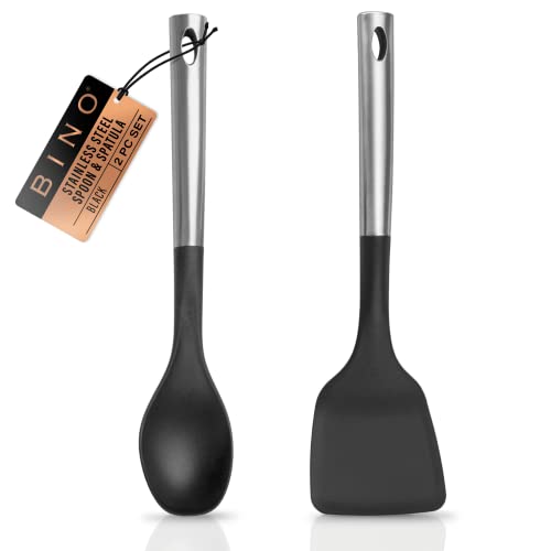 BINO 2-Piece Spoon & Turner Set with Stainless Steel Handles - Black | Heat Resistant BPA-Free Nonstick Cookware | Cooking Mixing & Serving Spoon | Cooking Utensils for Nonstick Cookware