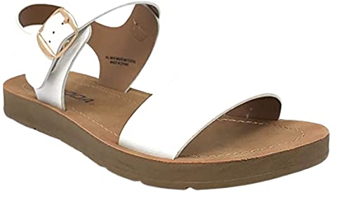 Soda KIDS/CHILDREN/GIRLS Casual Open Toe Single Band Fashion Slide Flat Sandal with Adjustable Ankle Strap PLENTY-11S White Pu 11