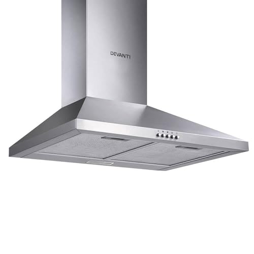 Devanti Range Hood 60cm 600mm Rangehood Kitchen Canopy Chimney Wall Mount, Stainless Steel Over Stove Vent, 3 Speed Exhaust Fan Aluminium Filters LED Lights Silver