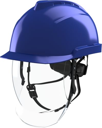 MSA V-Gard 950 Casque de chantier - Casque de protection non ventilé avec visière pour le chantier et les électriciens - Casque de travail DIN EN 397 - Bleu