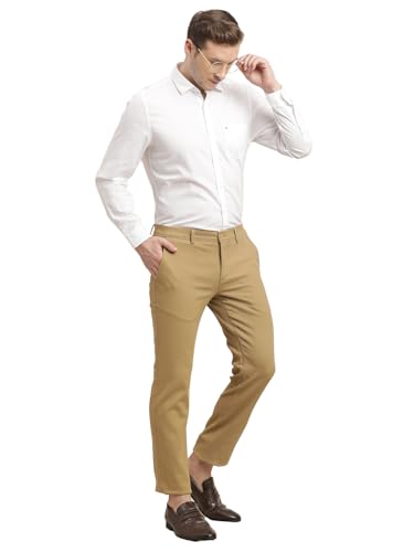Image of Turtle Men Cotton Stretch Dark Beige Dobby Printed Ultra Slim Fit Casual Trouser