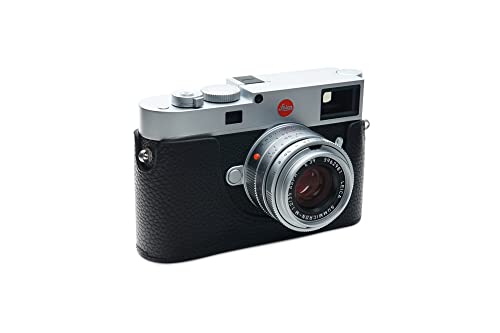 Bolinus For Leica M11 Camera Case, Handmade Genuine Real Leather Half Camera Case Bag Cover For Leica M11 Camera Bottom Opening Version + Hand Strap (Black B) #TOP4
