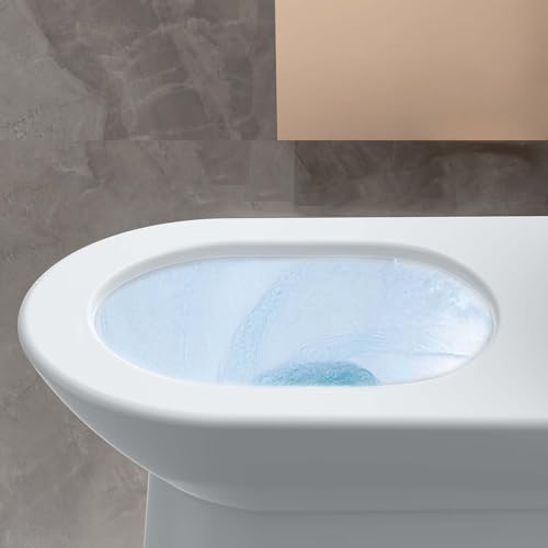 Inodoro de una pieza alargado de cerámica con asiento de polipropileno de cierre suave, construcción compacta y duradera, superficie fácil de limpiar, descarga potente y silenciosa, eficiente en el uso del agua, diseño moderno y elegante miniatura 5
