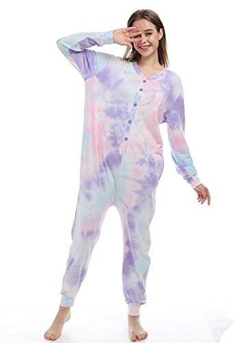 Lifeye Womens Onesie Pajamas Romper Sleepwear Set Tie Dye Long Sleeve Jumpsuit Homewear with Drop Seat Butt Flap3