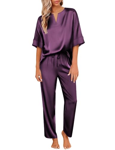 Image of Ekouaer Mens Satin Pajamas Set Button-Down Short /Long Sleeve Shirt Top Soft Silk Sleepwear Loose Pocket Pant Loungewear