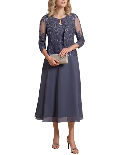 2 Piece Mother of The Bride Dresses Tea Length Lace Chiffon Evening Formal Wedding Guest Dress with Jacket3