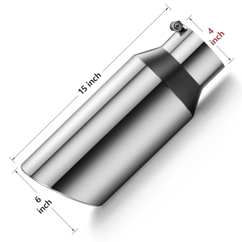Image of Exhaust Tip 4 inch Inlet 6 inch Outlet 15 inch Long, High Performance Stainless Steel, Rustproof Polished Finish, Rolled Angle Cut, Bolt-On Diesel Tail Pipe, Universal for Car Truck