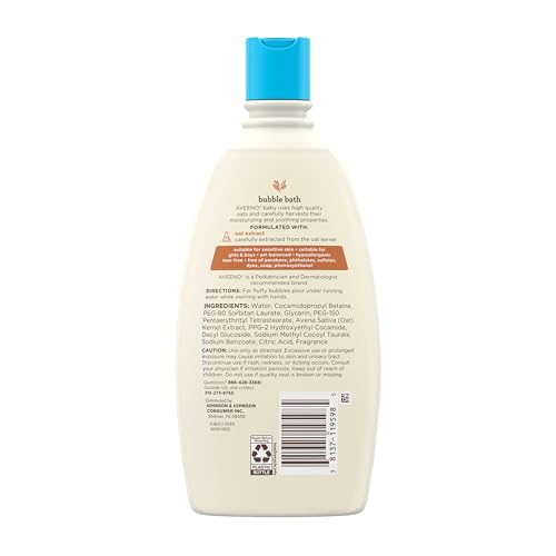 Image of Aveeno Baby Sensitive Skin Bubble Bath with Oat Extract, Gently Cleanses and Leaves Skin Feeling Hydrated, Tear-Free Formula, Hypoallergenic, Paraben-, Phthalate-, Soap- & Dye-Free, 19.2 fl. Oz