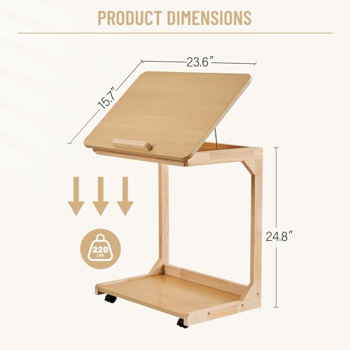 Image of Uniclinens Rolling Side Table Desk Sofa - C Shape Couch End Table with Wheels, Mobile Wooden Slim Sofa Tray, Movable Small Couch Desk for Living Room Bedroom, Natural