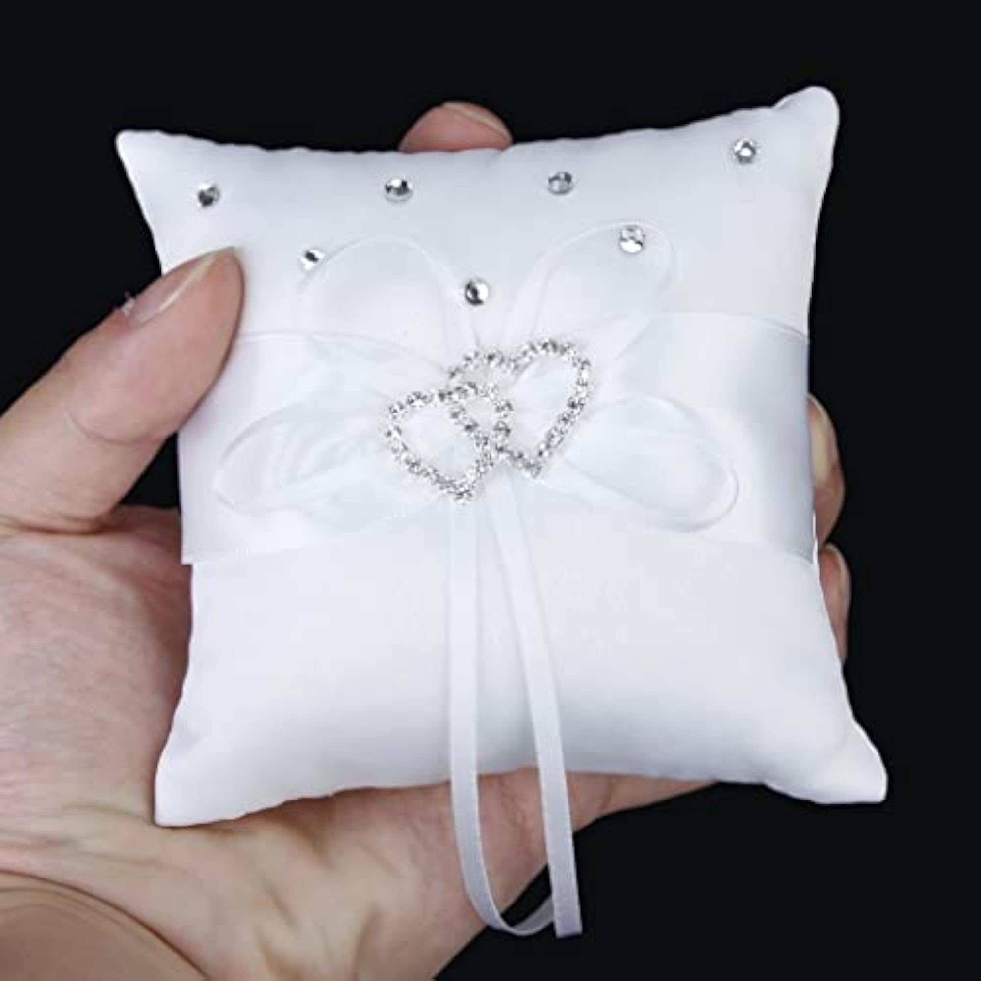 White Double Heart Crystal Rhinestone Wedding Pocket Ring Pillow Cushion