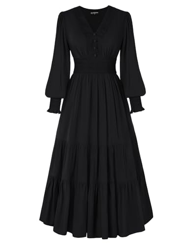 Historische Damen Maxi Kleid Langarm V-Neck Plissierte Taille A-Linie Kleider mit Spitzenbesatz Schwarz XL