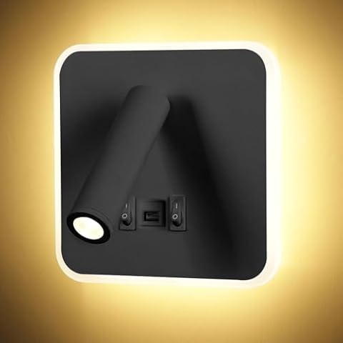 Kawell Indoor LED Wall Lamp with Switch Adjustable Bedside Wall Spotlight Modern LED Reading Wall Light with USB Charging Port for Bedroom Living Room Study Library, Black(Warm White) Cover