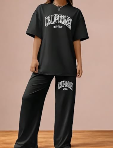 Image of My Swag Women Casual T-Shirt & Trouser Co-Ords Set Half Sleeve Loose-Fit Summer Cord Set 2 Piece Black Outfit Pajama Set for Women & Girls