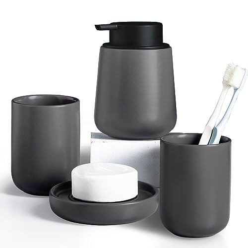 Autumnlife Keramik Badezimmer Zubehör Set, 4-teiliges Seifenspender Set, Stilvolles Badezimmer Set inklusive Seifenspender und Seifenschale, 2 Zahnputzbecher für Zuhause und Bad, Grau