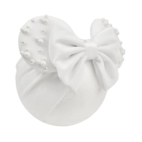 JIAHANG White Velvet Mouse Ears Turban Headwrap with Beads, Wide Hair Bow Headband for Baby Girls, Infants, Toddler, Kids, Party Supplie